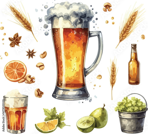 Craft Beer Illustration Featuring a Frothy Mug Bottle of Beer Wheat and Citrus Fruits for Brewery or Pub Advertising