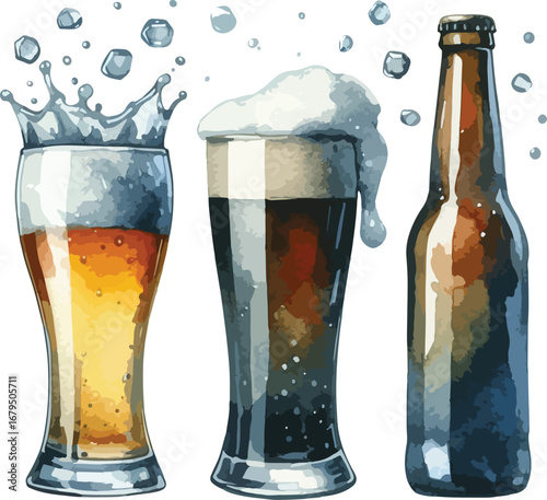 Craft Beer Watercolor Illustration Variety of Ales in Glass and Bottle Refreshing Drink Artwork