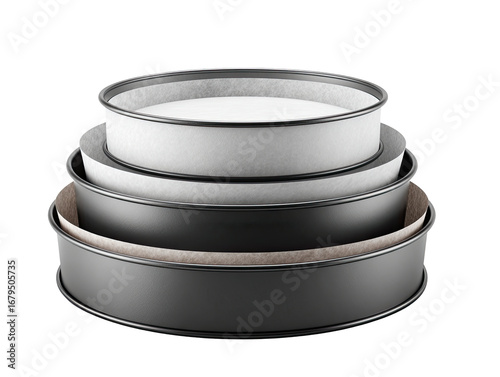 Stack of dark gray, round baking pans with liner paper