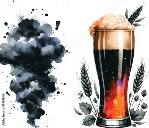 Delicious craft stout with beautiful art style and dramatic smoke and beer concept design