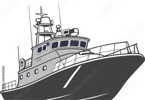  A detailed illustration of a modern patrol boat, featuring a multi-level superstructure, radar, and a sturdy hull