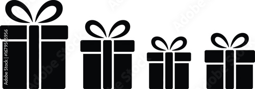 Four black gift boxes with ribbons arranged in size order