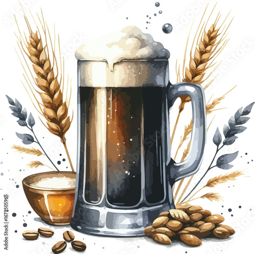 Delicious dark beer in a frosty glass with wheat and coffee beans for a craft beverage concept perfect for posters and advertising