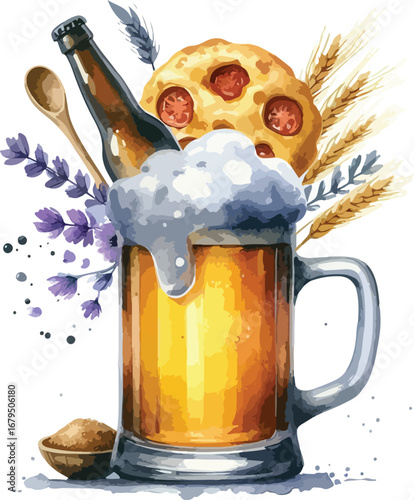 Festive Beer and Food Still Life with Wheat Lavender and Focaccia a Celebration of Flavors and Textures