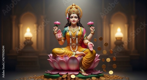 Goddess Lakshmi Seated on a Lotus of Prosperity.