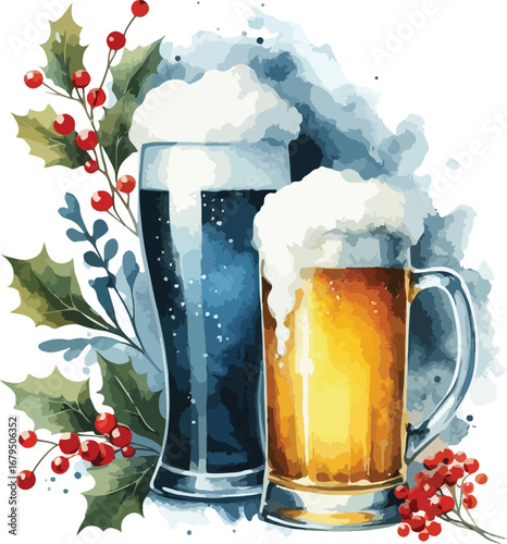 Festive Holiday Beer Illustration with Holly Berries and Frothy Mugs for Christmas Celebrations and Seasonal Cheer
