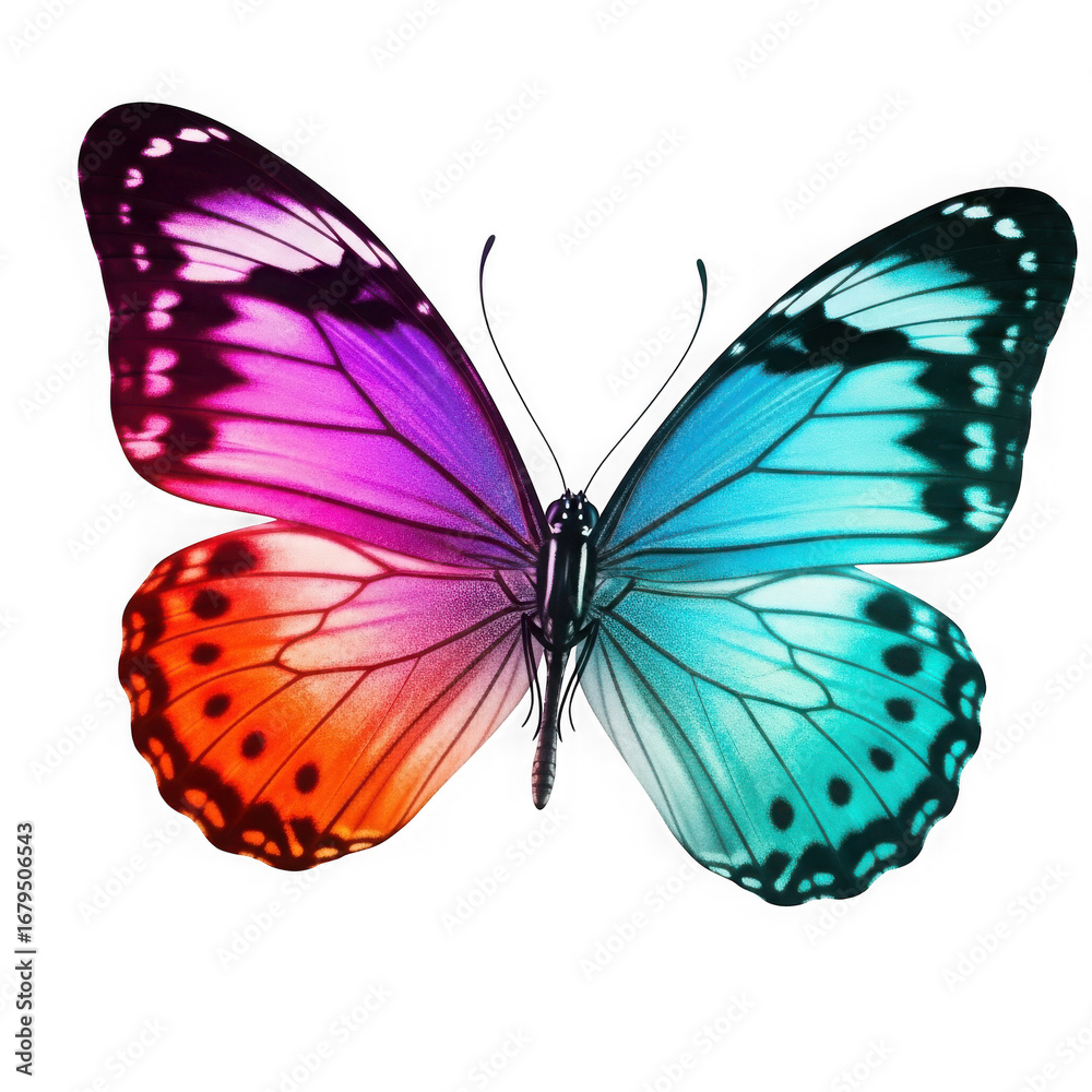 Obraz premium Vibrant psychedelic butterfly with gradient wings stunning nature insect beauty close up transparent background