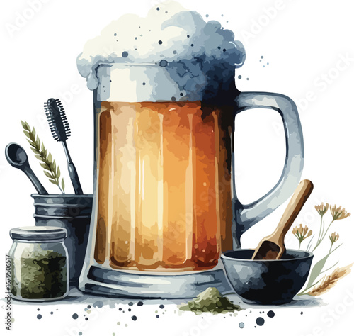 Hand Drawn Watercolor Illustration of Craft Beer with Herbal Ingredients and Accessories in a Rustic Setting Aromatic Beverage Theme