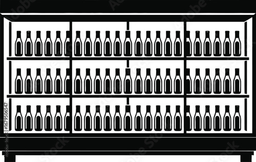 Commercial refrigerated display cooler filled with many glass bottles