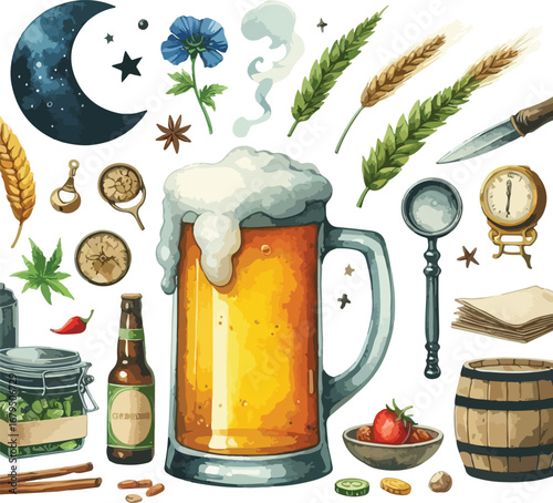 Illustrative Beer Still Life with Botanical and Culinary Elements a Celebration of Craft Brewing and Artisan Ingredients Depicted in Vivid Detail