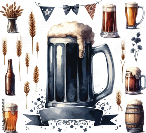 Oktoberfest Beer Illustration Featuring Mugs of Beer Wheat and Festive Banners Celebrating Brewing Culture and Tradition