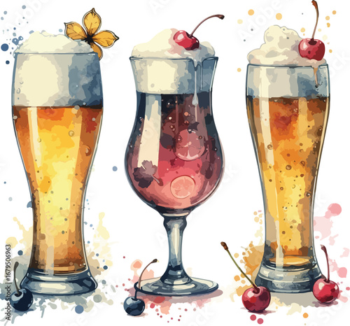 Refreshing Alcoholic Beverages with Cherries and Foamy Toppings Watercolor Illustration for Summer Celebrations and Relaxing Moments