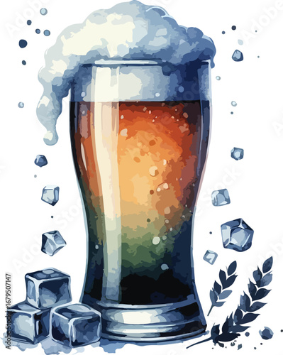 Refreshing Beer Glass Watercolor Style Illustration with Frothy Head Ice Cubes and Wheat Decoration for Advertising and Design Projects