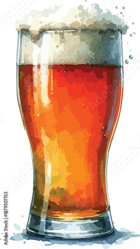 Refreshing Beer Glass Watercolor Painting Full of Foamy Head and Golden Color on White Background for Summer Advertising