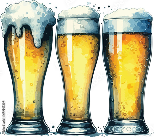 Refreshing Beer Glasses with Foamy Heads Ready for a Celebration or Happy Hour Event Watercolor Illustration