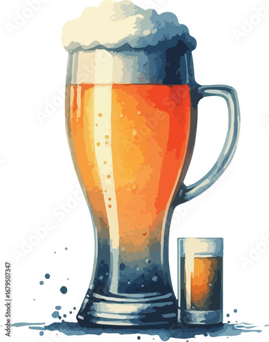 Refreshing Beer Illustration Featuring a Tall Glass and a Small Shot Glass on a White Background Artful Beverage Concept