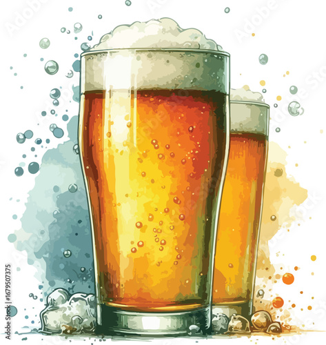 Refreshing Beer Glasses with Frothy Heads and Watercolor Accents for a Summer Celebration with Friends and Good Times
