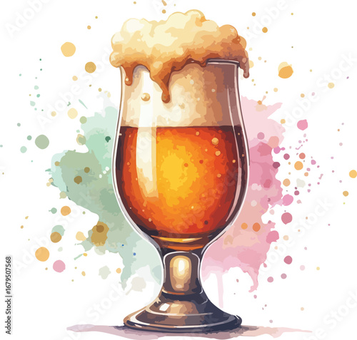Refreshing Beer Illustration with Watercolor Splashes in a Stylish Glass Perfect for Summer and Celebrations