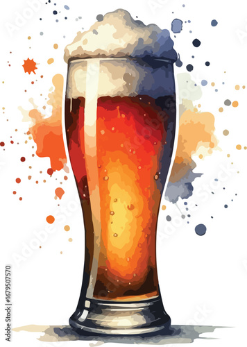 Refreshing Beer Illustration with Watercolor Splatters Isolated on White Background Ideal for Brewery Promotions and Beverage Concepts