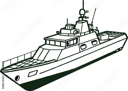  A detailed illustration of a modern patrol boat, featuring a multi-level superstructure, radar, and a sturdy hull