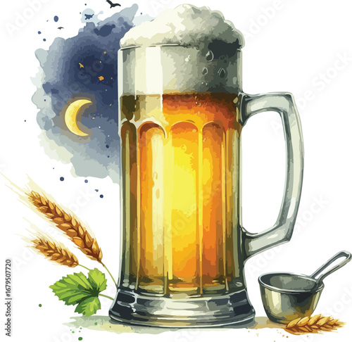 Refreshing Beer Illustration with Wheat and Night Sky Aromatic Brew and Relaxation Concept