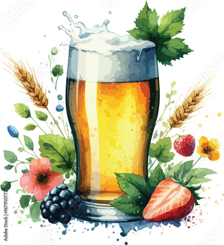 Refreshing Beer Illustration with Wheat Hops and Berries Watercolor Style Beverage Art Creative Composition Food and Drink Concept