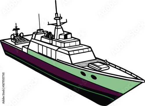  A detailed illustration of a modern patrol boat, featuring a multi-level superstructure, radar, and a sturdy hull