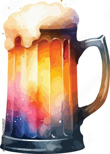 Refreshing Beer Mug Illustration with Colorful Watercolor Style Depicting Celebration and Festive Cheer