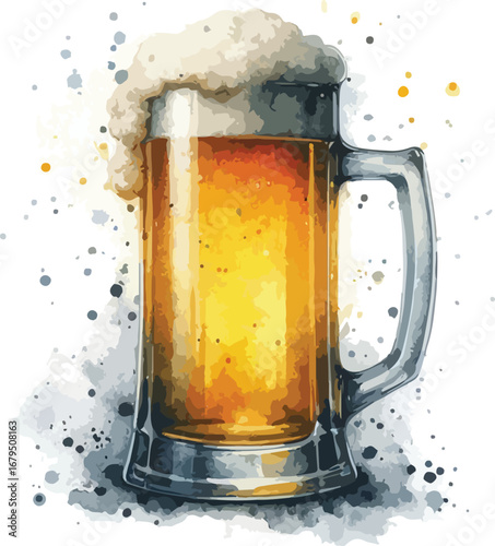 Refreshing Beer Mug Illustration with Frothy Head and Watercolor Splatter Art for Summer Celebration and Oktoberfest