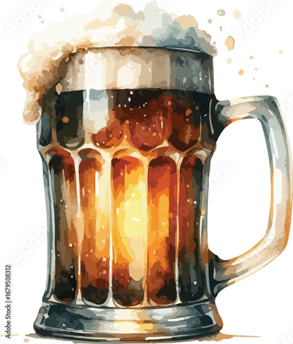 Refreshing Beer Mug Overflowing with Froth Watercolor Illustration for Craft Brewery and Beverage Advertising