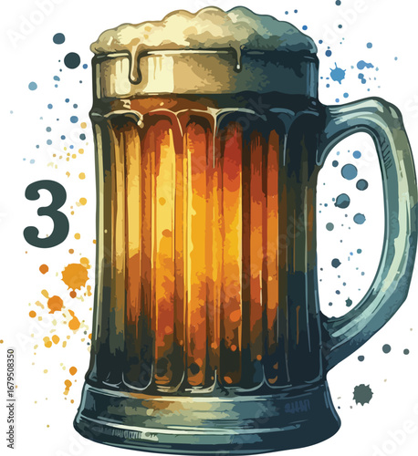 Refreshing Beer Mug Watercolor Illustration for Celebration Oktoberfest or Craft Brewery Marketing Material Vector Design with Number Three