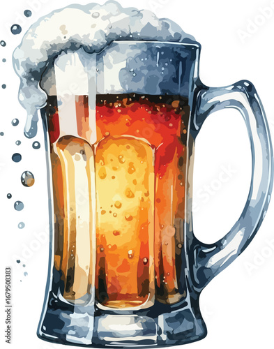 Refreshing Beer Mug Watercolor Illustration with Frothy Head and Bubbles Perfect for Pub Promotions and Drink Designs