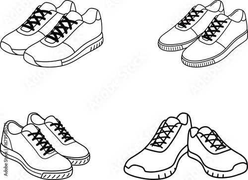Set of four detailed line art illustrations of a pair of casual athletic sneakers, showing different angles and views