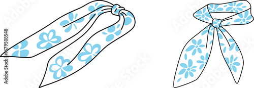 Two illustrations of a stylish blue and white floral scarf tied in different ways, showing various fashion options