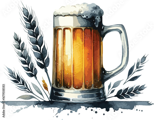 Refreshing Beer Mug Watercolor Painting with Barley Ears Design Depicting Brewing and Celebration of Oktoberfest