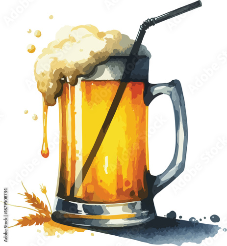 Refreshing Beer Mug with Frothy Head and Straw Artistic Illustration for Summer Celebrations and Festive Occasions Watercolor Style