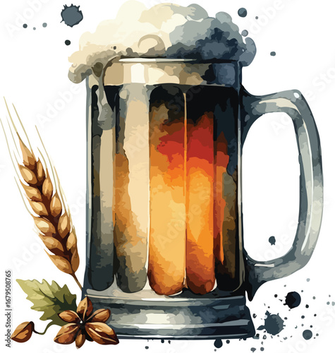 Refreshing Beer Mug with Frothy Head and Wheat Decoration an Artistic Watercolor Illustration for Celebration and Relaxation