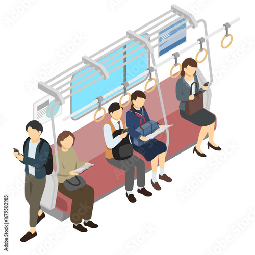 アイソメトリックイラスト：電車の座席と乗客