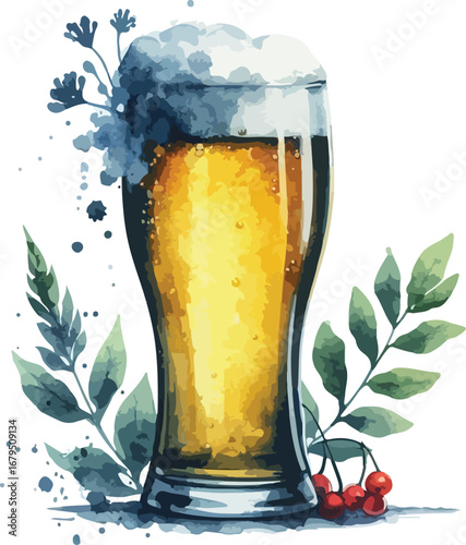 Refreshing Beer Pint with Frothy Head and Botanical Watercolor Accents on White Background for Creative Projects