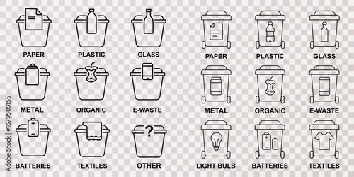 Set of 18 recycling bin icons for waste sorting in minimalist outline style – clean vector pack for eco education and signage