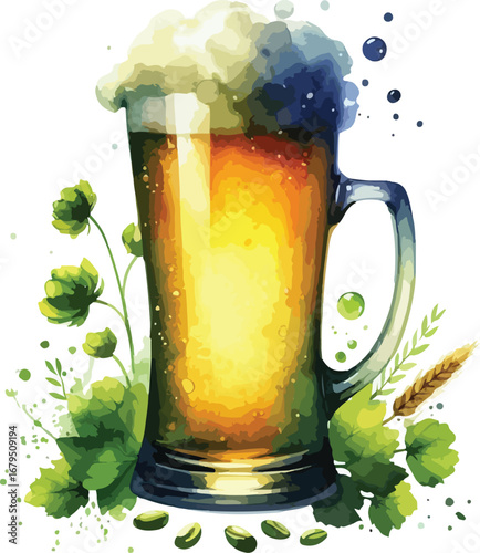 Refreshing Beer Pint with Frothy Head and Hop Flowers Illustration Celebrating Craft Brewery and Oktoberfest Festivities