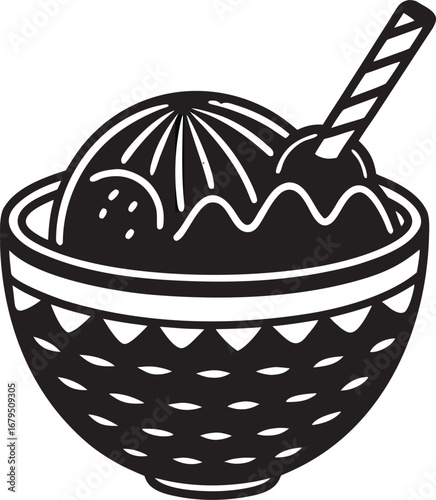 Black and white illustration of a tropical dessert in a bowl