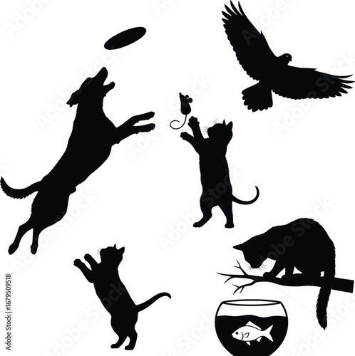 Silhouettes of playful cats, dog jumping, bird flying, mouse and fish, pet animal behavior collection, vector animal illustration set.