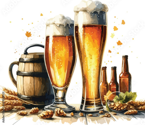 Refreshing craft beer illustration showcasing two full glasses beer bottles a wooden barrel hops walnuts and wheat for brewery advertising and restaurant menus