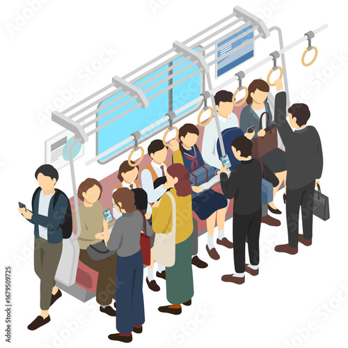 アイソメトリックイラスト：満員電車
