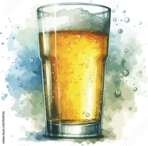 Refreshing Craft Beer in Pint Glass with Watercolor Style Decoration Illustration Isolated on White Background