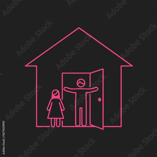 Illustration of a welcoming scene with a man opening a door to greet a woman standing outside a house, symbolizing hospitality
