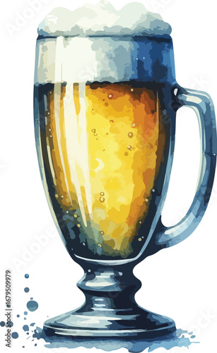 Refreshing Craft Beer Watercolor Illustration in a Pint Glass with Frothy Head on White Background for Commercial Use