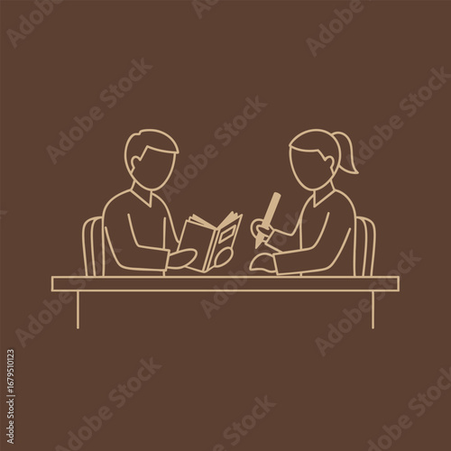 Two individuals engaged in a discussion while reviewing a book at a wooden table in a cozy indoor setting