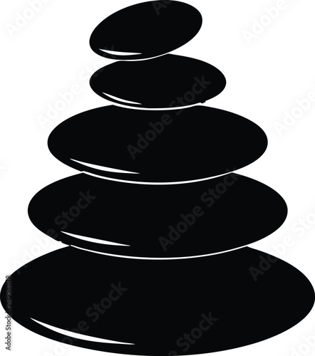 Balanced stack of black zen stones on a white background symbolizing harmony and relaxation
